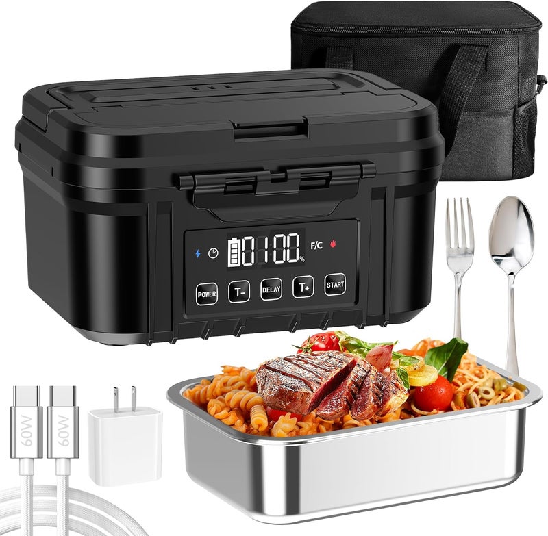 FERVINOW Cordless Electric Lunch Box for Adults – Battery-Powered Heated Lunch Box with 1.2L Stainless Steel Container, Timer Function, and Leak-Proof Food Warmer for Work, Travel & Office - Image 1